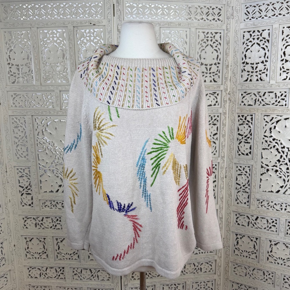Vtg Beaded Colorful Cowl Neck Sweater Sz‎ Medium Chunky Granny Retro Fairy